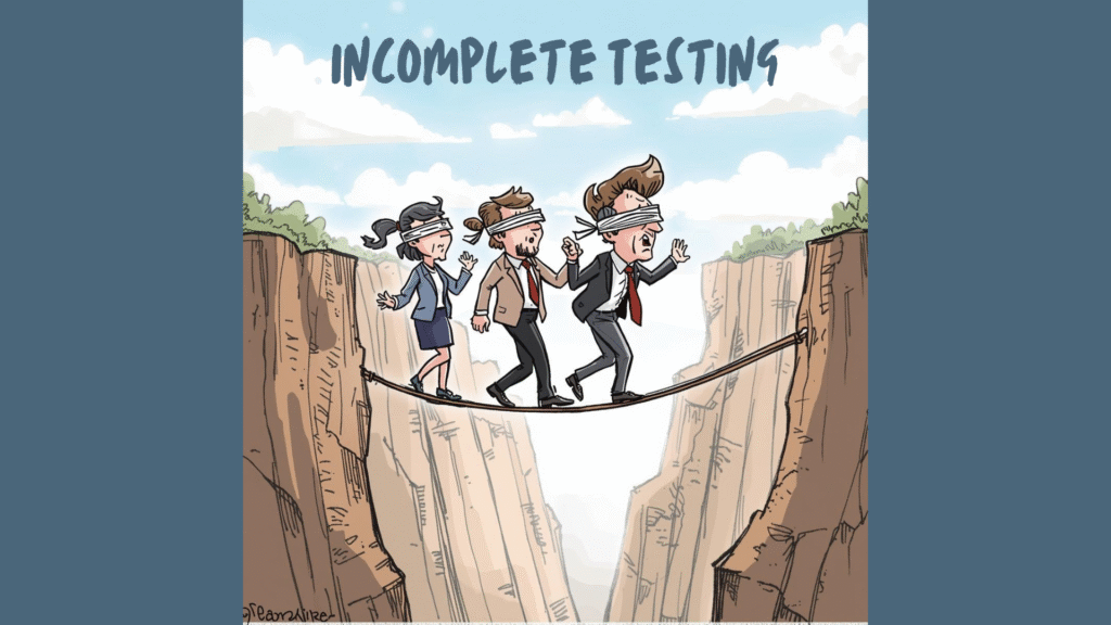 Cartoon Project team members blind folded on a tight rope